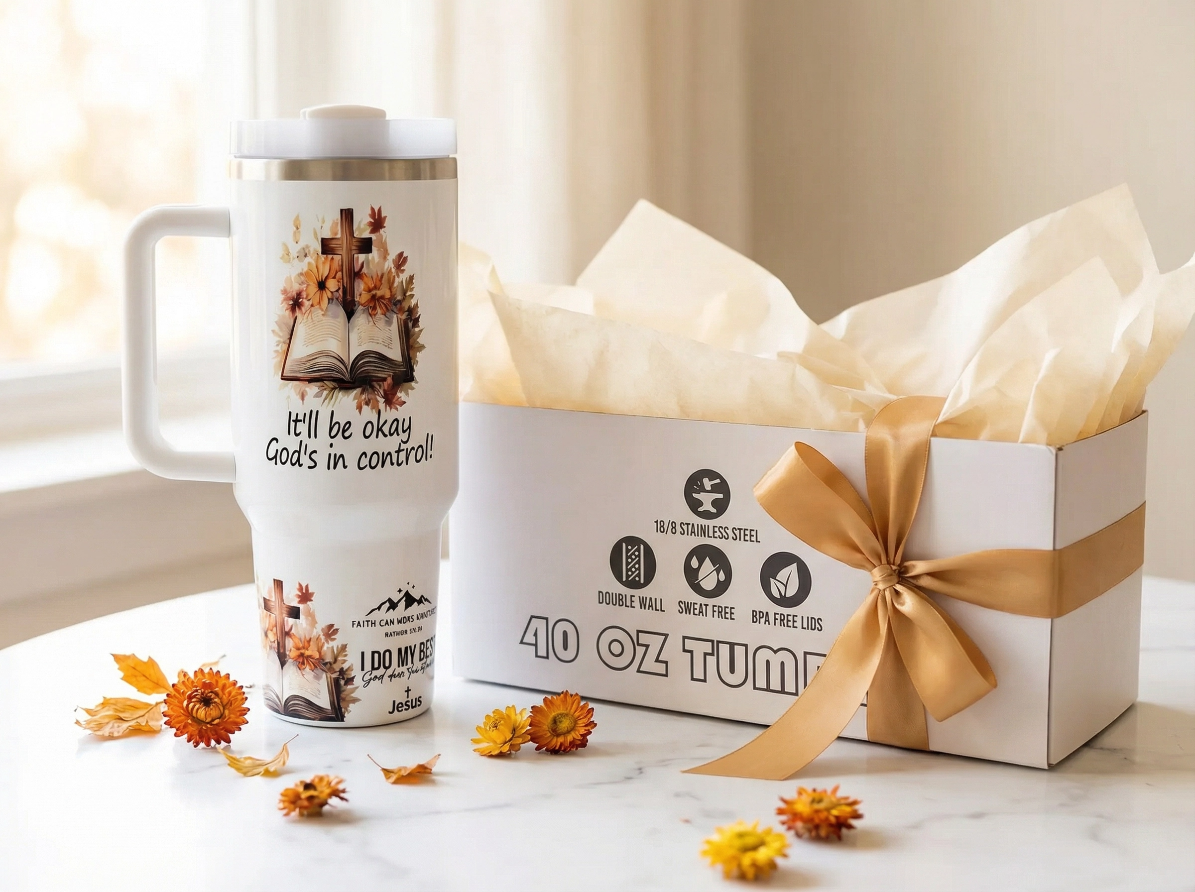 God Is In Control Christian 40oz Tumbler with Handle